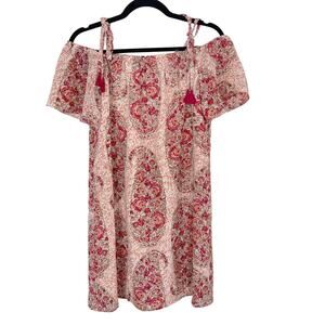 Madewell Small S Red Pink Print Silk Cold Shoulder Dress in Watercolor Paisley